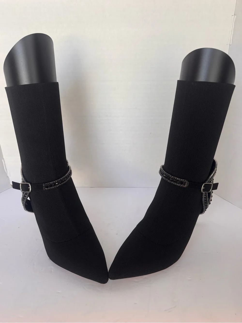 Badgley Mischka Black Stretch Knit Sock Booties Beaded Rhinestone Strap Size 7.5